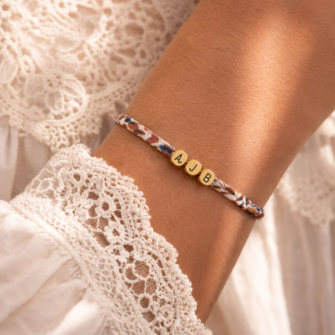 Bracelet liberty perles cubes personnalisé en acier inoxydable, plusieurs perles gravées sur cordon liberty coloré