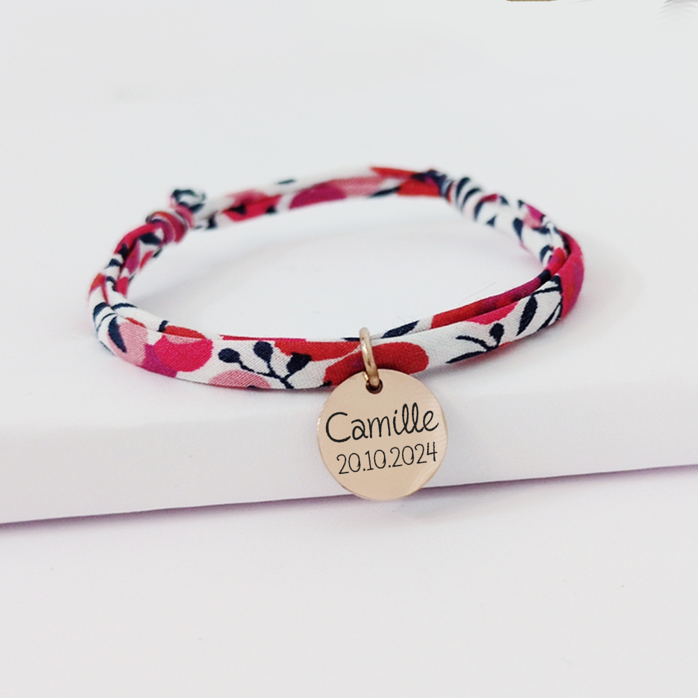Bracelet personnalisé femme en Liberty avec médaille en acier inoxydable, cadeau naissance personnalisé idéal