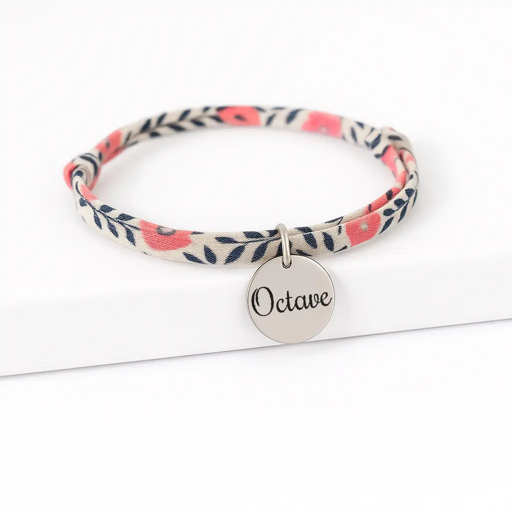 Bracelet liberty cordon fleuri rose bleu médaille argentée gravée prénom personnalisé Bliche
