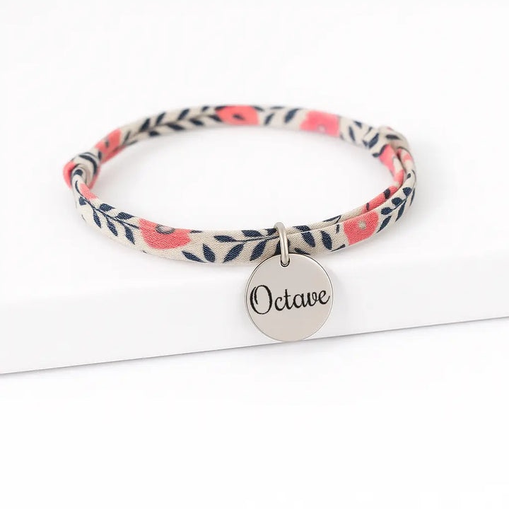 Bracelet liberty cordon fleuri rose bleu médaille argentée gravée prénom personnalisé Bliche