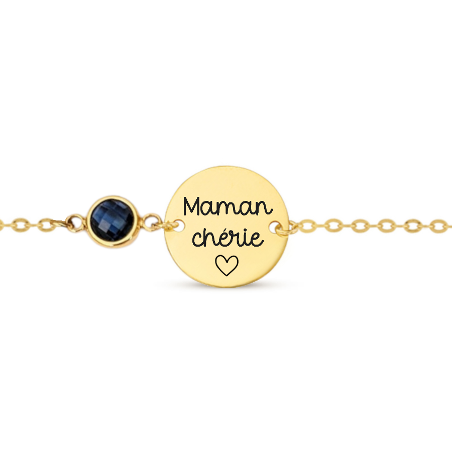 Bracelet personnalisé femme avec médaille à graver et pierre de naissance en acier inoxydable – idée cadeau naissance ou fête des mères