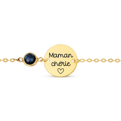 Bracelet personnalisé femme avec médaille à graver et pierre de naissance en acier inoxydable – idée cadeau naissance ou fête des mères