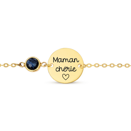 Bracelet personnalisé femme avec médaille à graver et pierre de naissance en acier inoxydable – idée cadeau naissance ou fête des mères