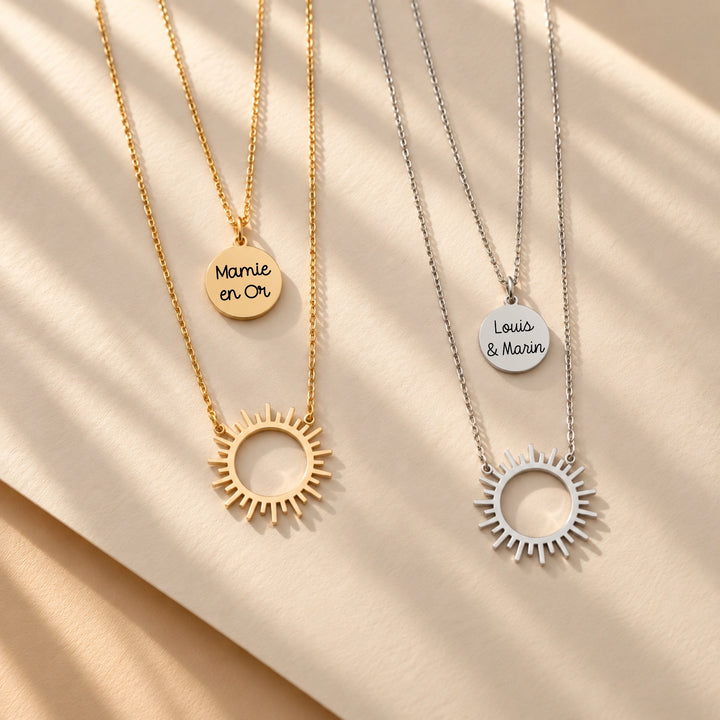 Colliers double rang femme avec soleil ajouré et médaille ronde gravée, en acier inoxydable doré ou argenté