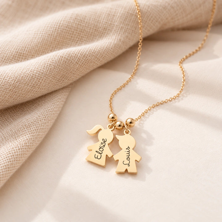 Collier personnalisé femme pendentifs enfants fille garçon ange gravés prénoms acier doré Bliche