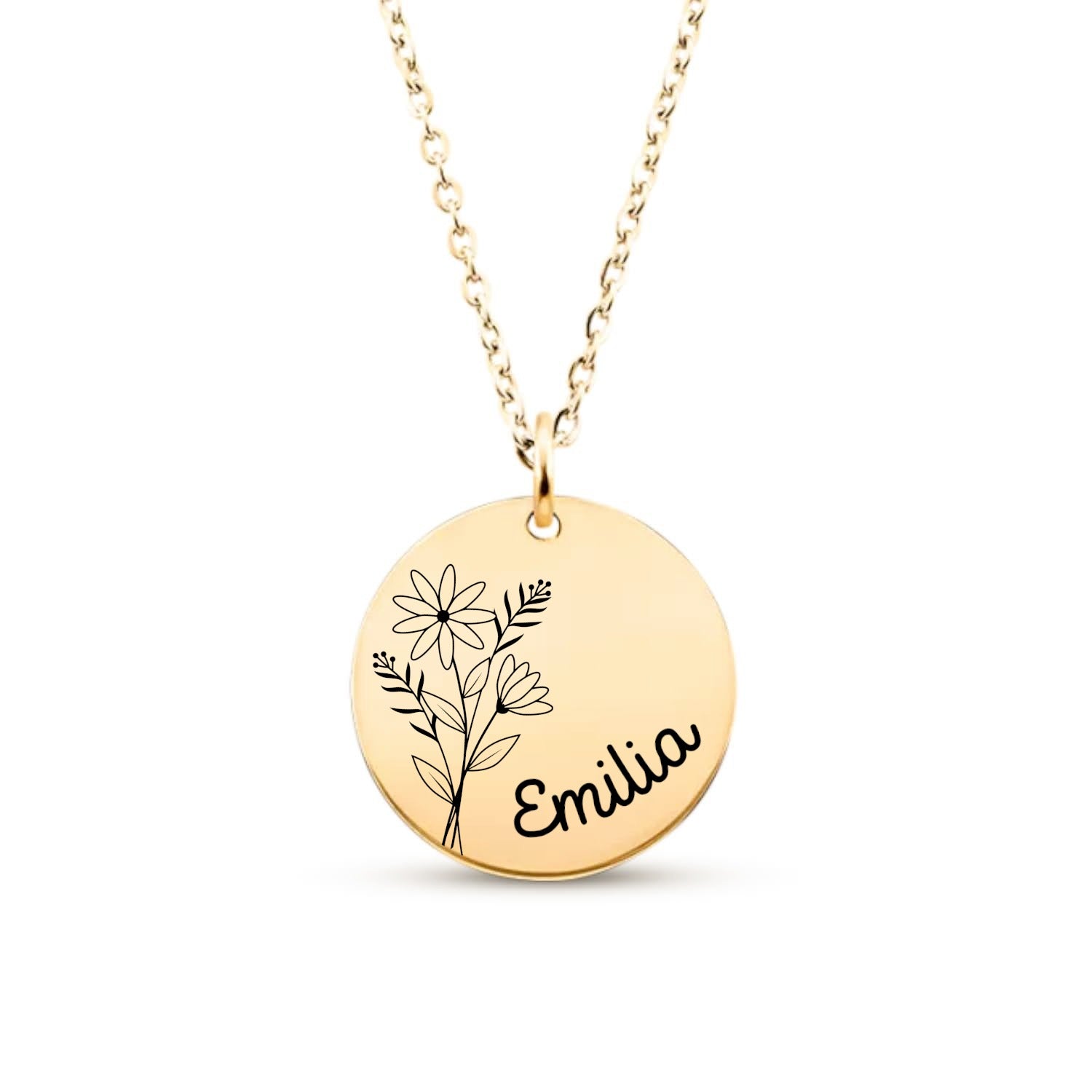 Collier personnalisé avec prénom et fleur de naissance en acier inoxydable, cadeau fête des mères et naissance idéal