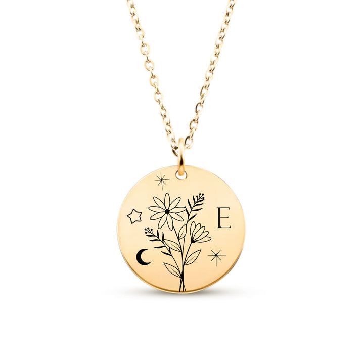 Collier personnalisé fleur de naissance et initiale gravée en acier inoxydable, cadeau fête des mères et naissance idéal