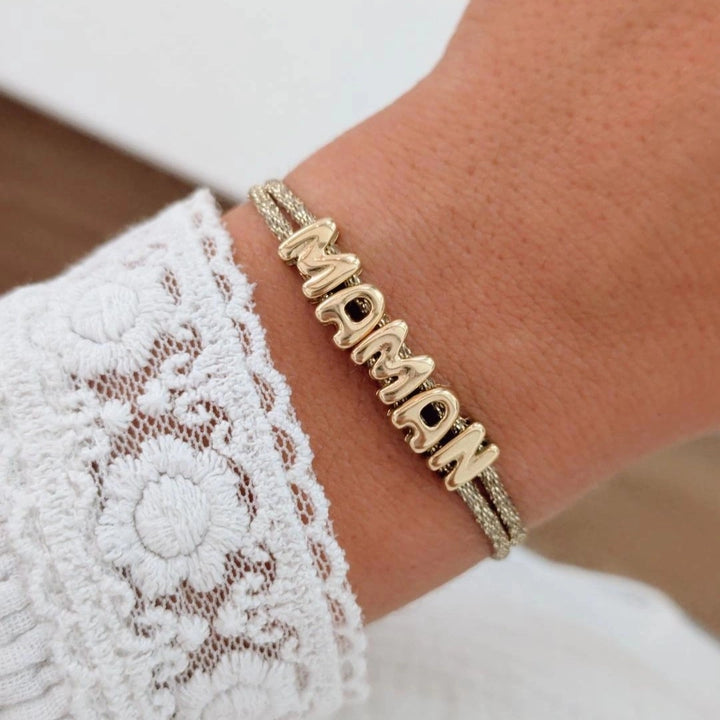 Bracelet cordon brillant kaki personnalisé lettres dorées mot maman ajustable Bliche