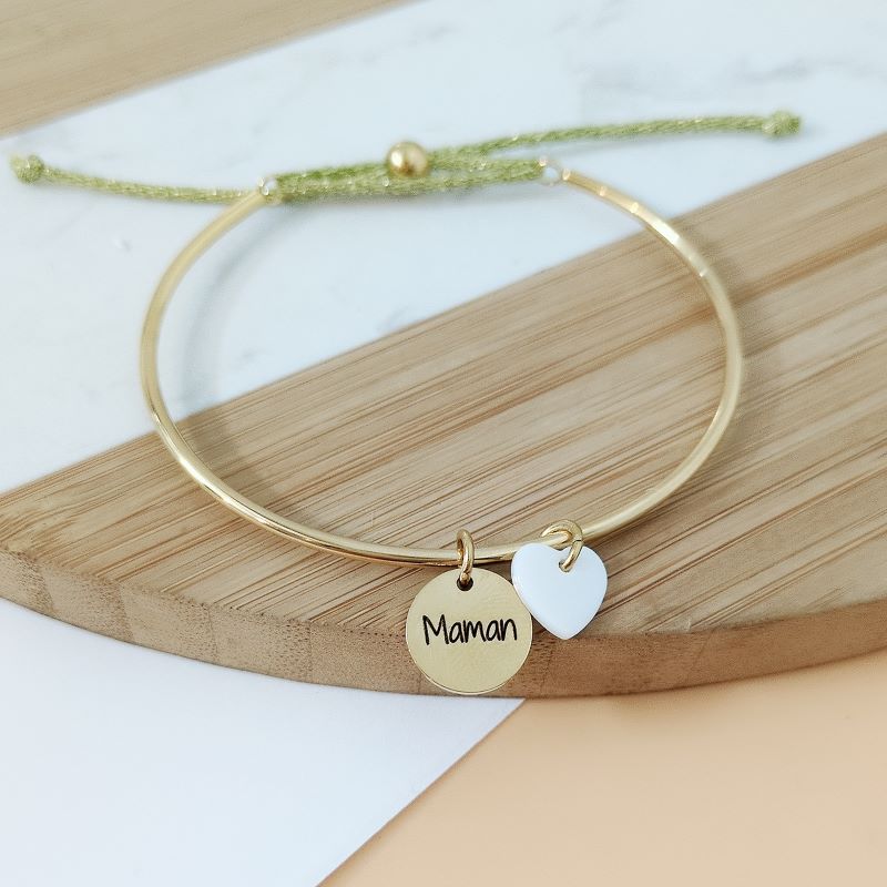 Bracelet jonc personnalisé avec médailles à graver et cordon brillant