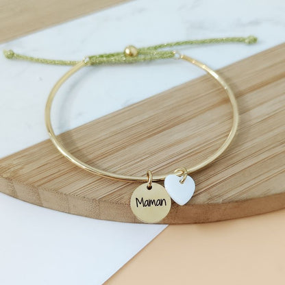 Bracelet jonc personnalisé avec médailles à graver et cordon brillant