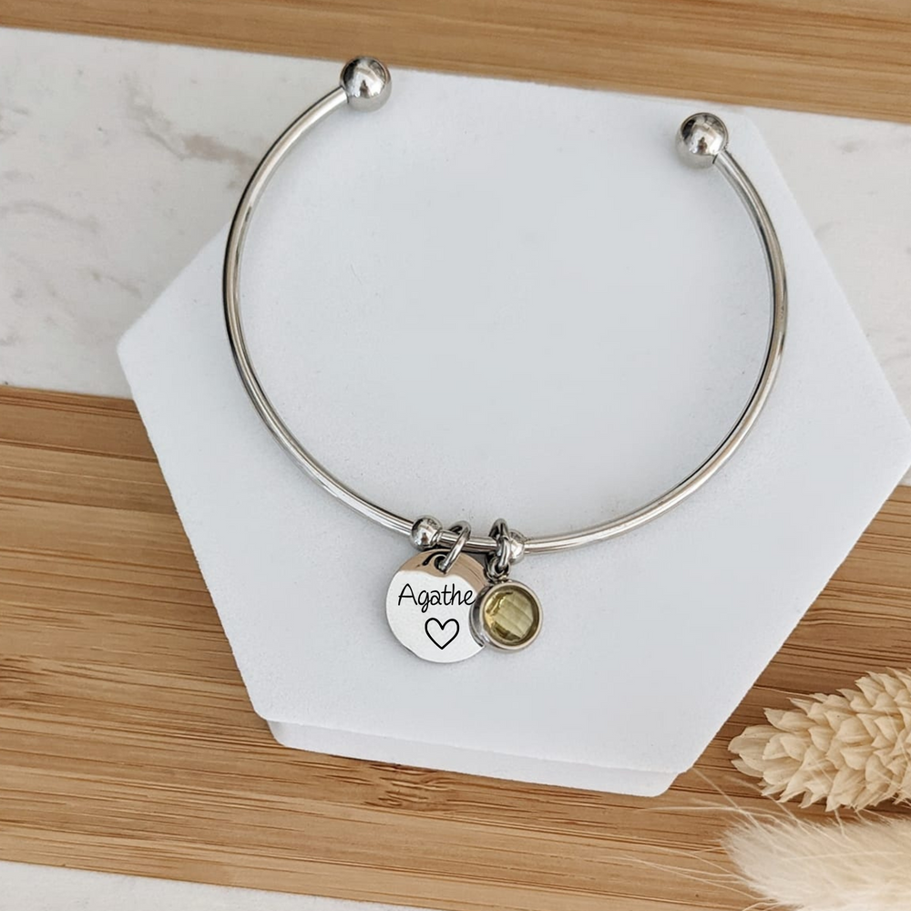 Bracelet jonc avec médailles et pierre de naissance - Bliche