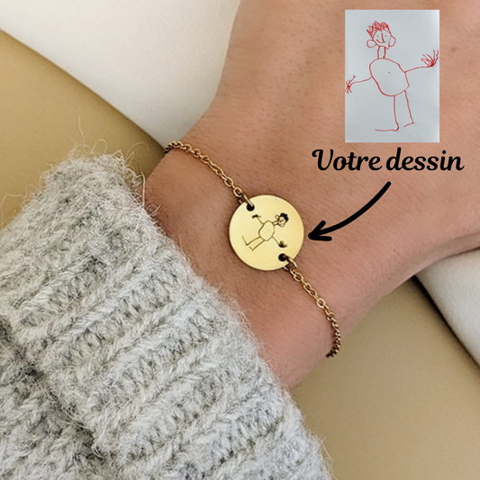 Bracelet personnalisé avec médaille gravée d’un dessin ou mot manuscrit – idée cadeau original en acier inoxydable pour maman ou naissance