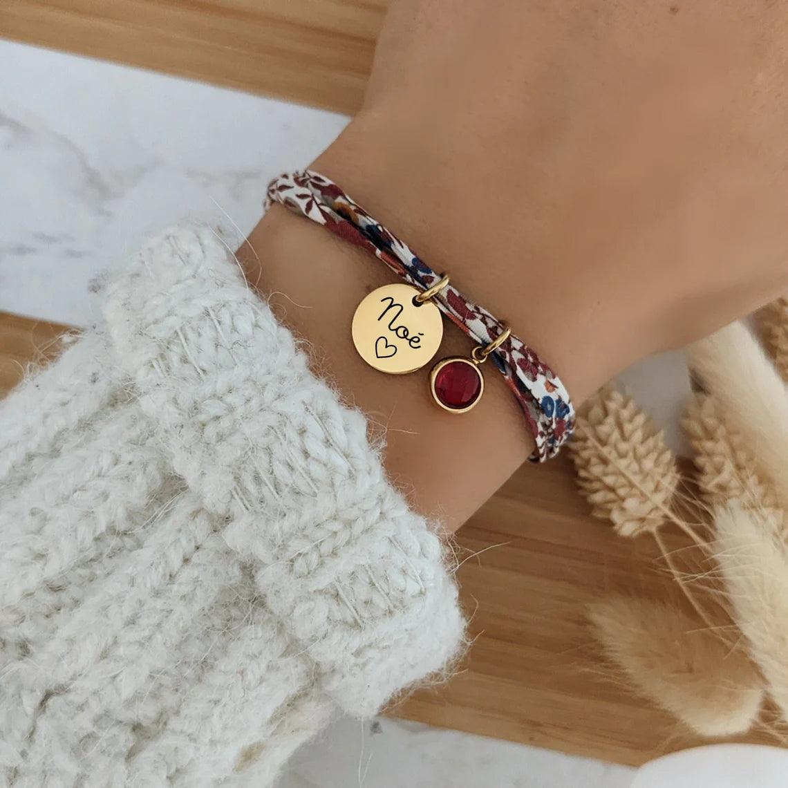 Bracelet personnalisé Liberty avec gravure et pierre de naissance en acier inoxydable, cadeau original pour femme ou naissance bébé